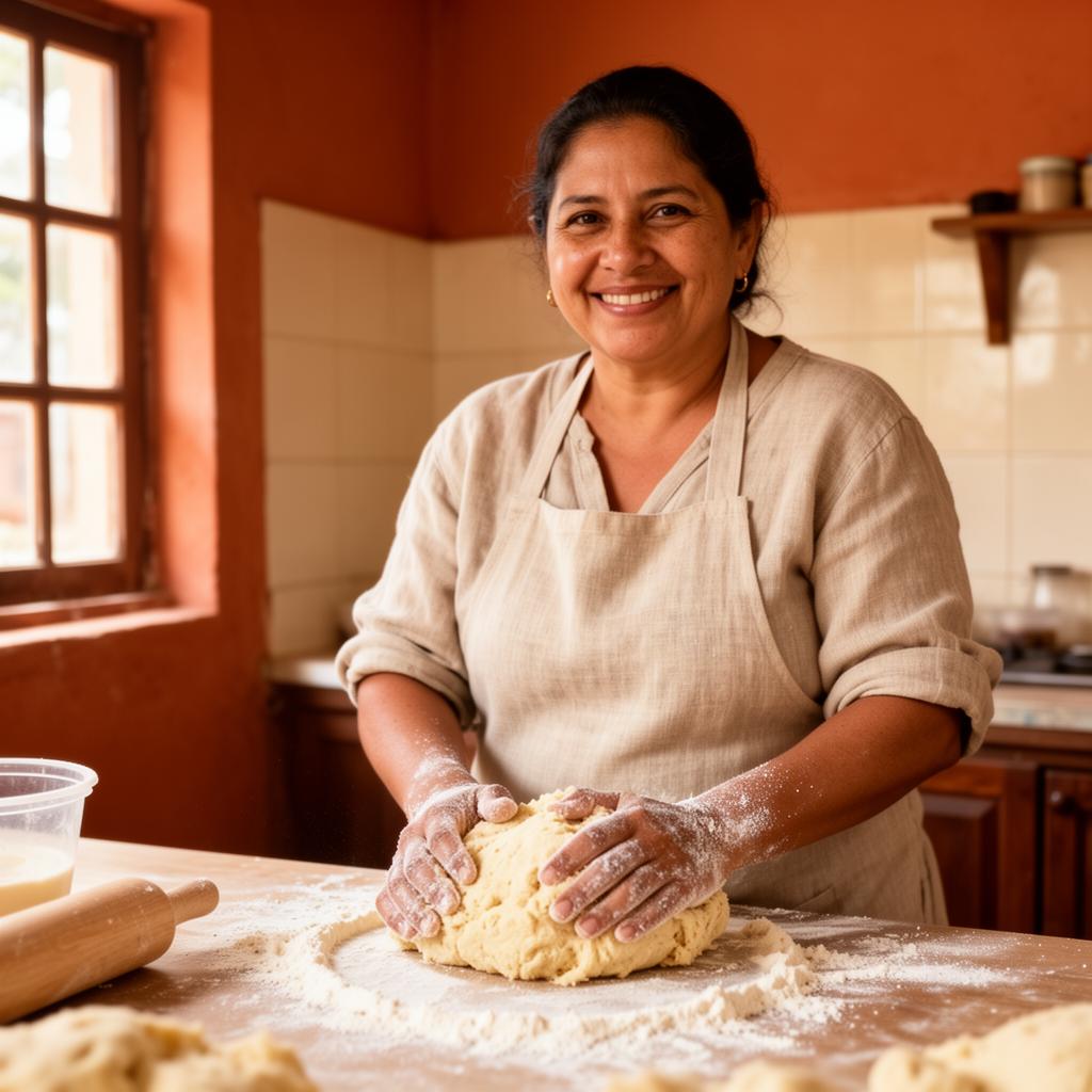 Cynthia, unsere Bäckerin aus Luque in Paraguay, knetet Chipa-Teig in ihrer Küche