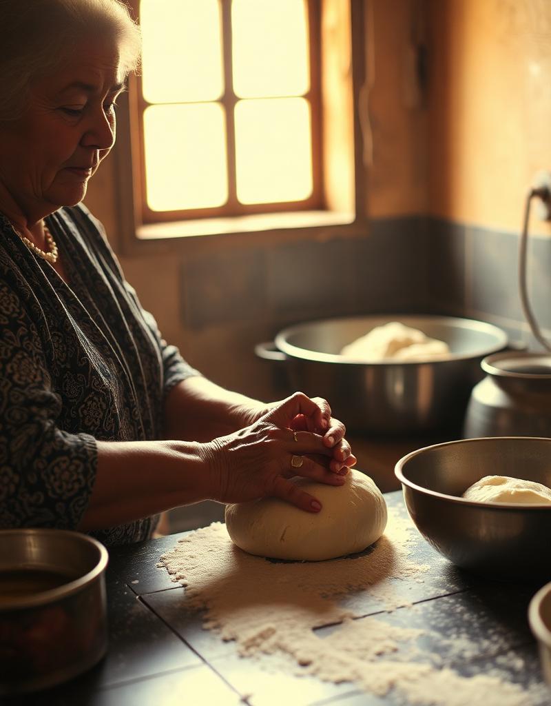 Paraguayische Großmutter knetet Chipa-Teig in traditioneller Küche bei warmem Fensterlicht